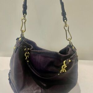 Coach Dark Purple Leather Shoulder Bag with Gold Accents